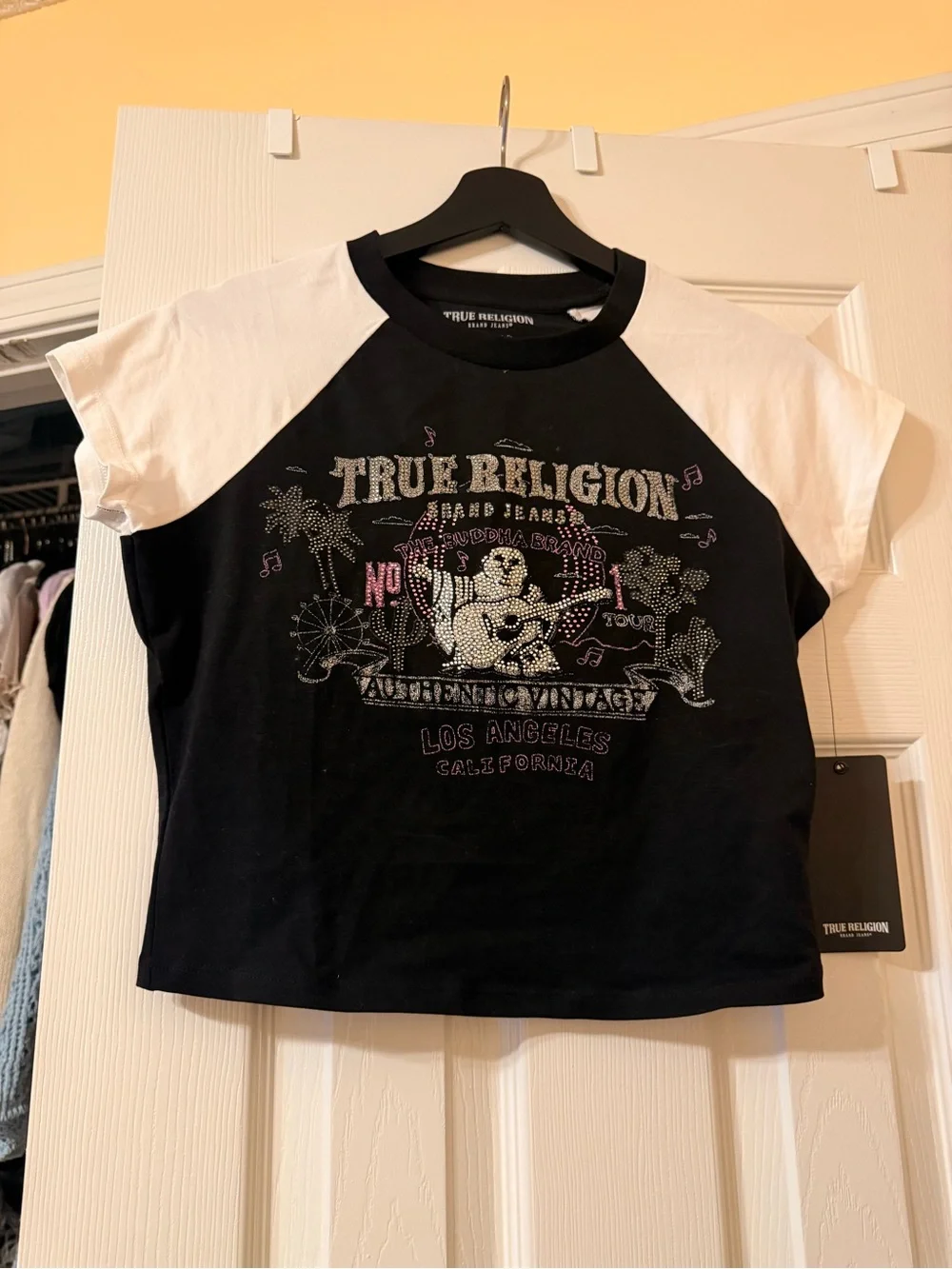 True Religion Black & White Graphic Raglan Crop Top